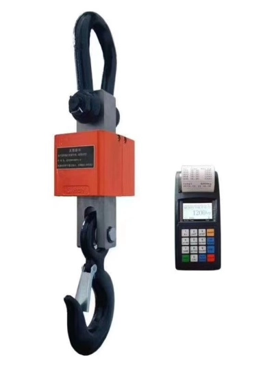 Why Modern Operations Can’t Ignore Crane Scales:5 Critical Benefits You Must Know 2 An orange crane scale with a black hook, accompanied by a wireless digital indicator with a printer, designed for heavy-load weighing in lifting operations.