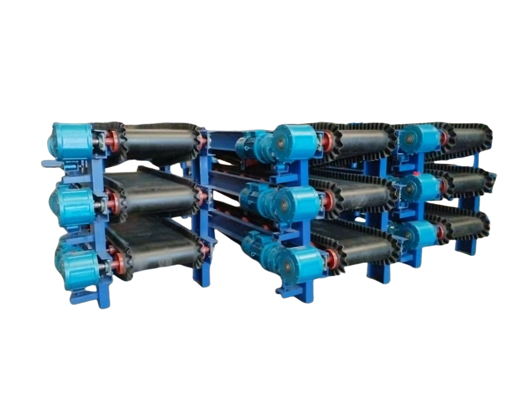 A set of multi-layer belt scale equipment with blue metal supports, black conveyor belts, and blue driving rollers, suitable for bulk material metering in industries like mining and chemical.