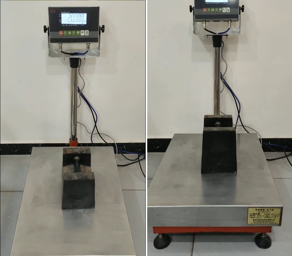 Two images of an Explosion-Proof Electronic Scale. Left: Indicator with “Ex” mark, display reads “20000.0”, test weight on stainless steel platform. Right: Another view shows its explosion-proof structure and label “Explosion-Proof Weighing Electronic Scale”, suitable for weighing in flammable and explosive environments.